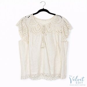 Jennifer & Grace Cream, Eyelet Lace Boho Blouse | Size L